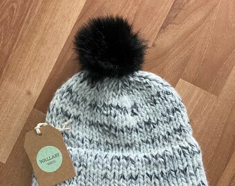 Double Brim Beanie - Stone Black - Knitted Hat with Faux Fur Pom