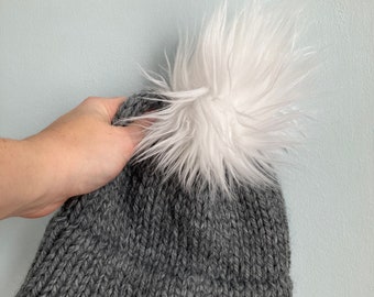 Double Brim Beanie - Gray with White Pom - Knitted Hat with Faux Fur Pom