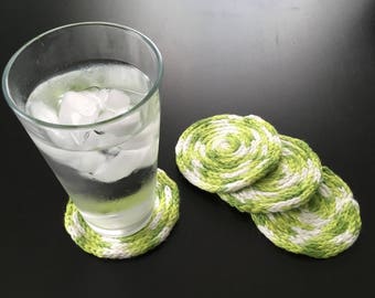 Hand-knit Coasters - Green and White Knitted Coasters - Set of 4