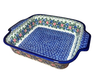 Polish Pottery 9x9 Square Baker Red Roses