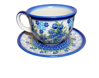 Polish Pottery Blueberry Teacup and Saucer