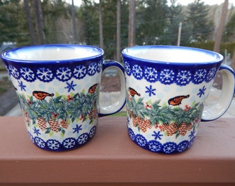 Set of 2 Polish Pottery Red Robin Jan Mug