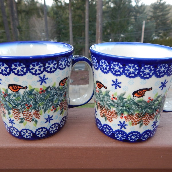 Set of 2 Polish Pottery Red Robin Jan Mug