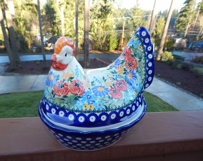 Floral Polish Pottery Chicken Baker Etsy
