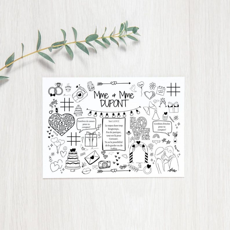 Op de afbeelding: Een zwart-witte printbare bruiloftsactiviteitenpagina met de tekst "Mme & Mme DUPONT" en verschillende bruiloftsafbeeldingen, waaronder harten, ringen, cadeaus en een doolhof.