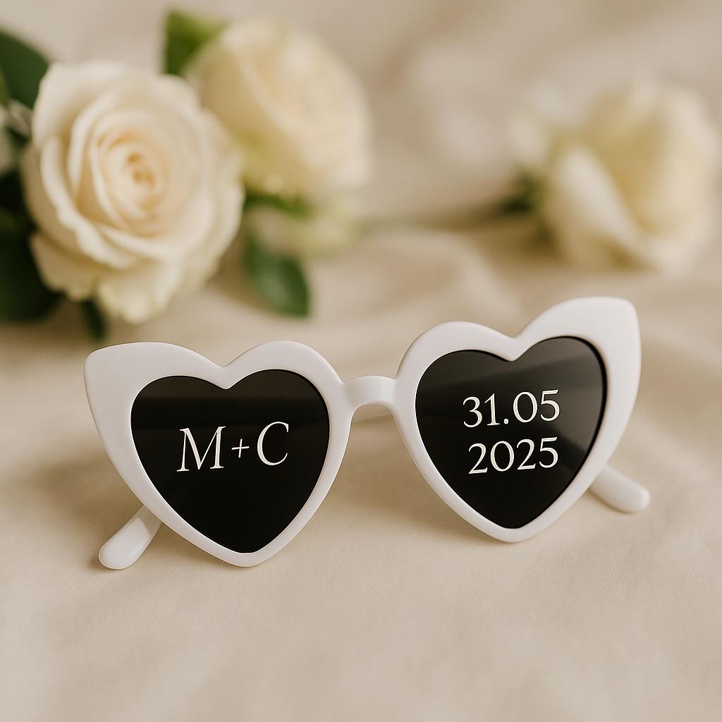 Happenings Lunettes de soleil avec inscriptions - Votre texte sur l'autocollant - Lunettes coeur personnalisées - Nom, date, etc. mariages, les douches nuptiales, les fêtes, etc. (Cadres blancs