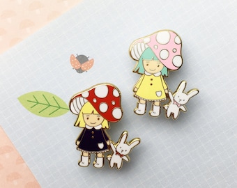 Forest Mushroom Girl with Bunny - Hard enamel - kawaii cute enamel pin, cute mushroom lapel pin, cute bunny enamel pin, bunny pin, fairytale