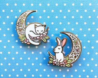 Moon Cat and Rabbit (Daylight) - Hard enamel cute bunny pin, kawaii cat enamel pin, cat pin, baby rabbit lapel pin, moon pin, cat hat pin