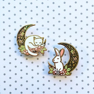 Moon Cat and Rabbit (Night) - Hard enamel cute bunny pin, kawaii cat enamel pin, cat pin, baby rabbit lapel pin, dark moon pin, cat hat pin