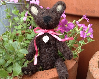 Needle Felt Teddy Bear - Dark Brown Bear with Moveable Limbs - Needle Felt Gift - Cute Bear - Fibre Art Bear - Christmas Bear
