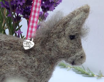 Needle Felt Donkey Decoration: Scented Wool Ornament with 'Made With Love' Charm.