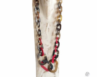 Horn Necklace, Buffalo Horn Chain and Enamel with Open Links without Glue, Travel Jewelry