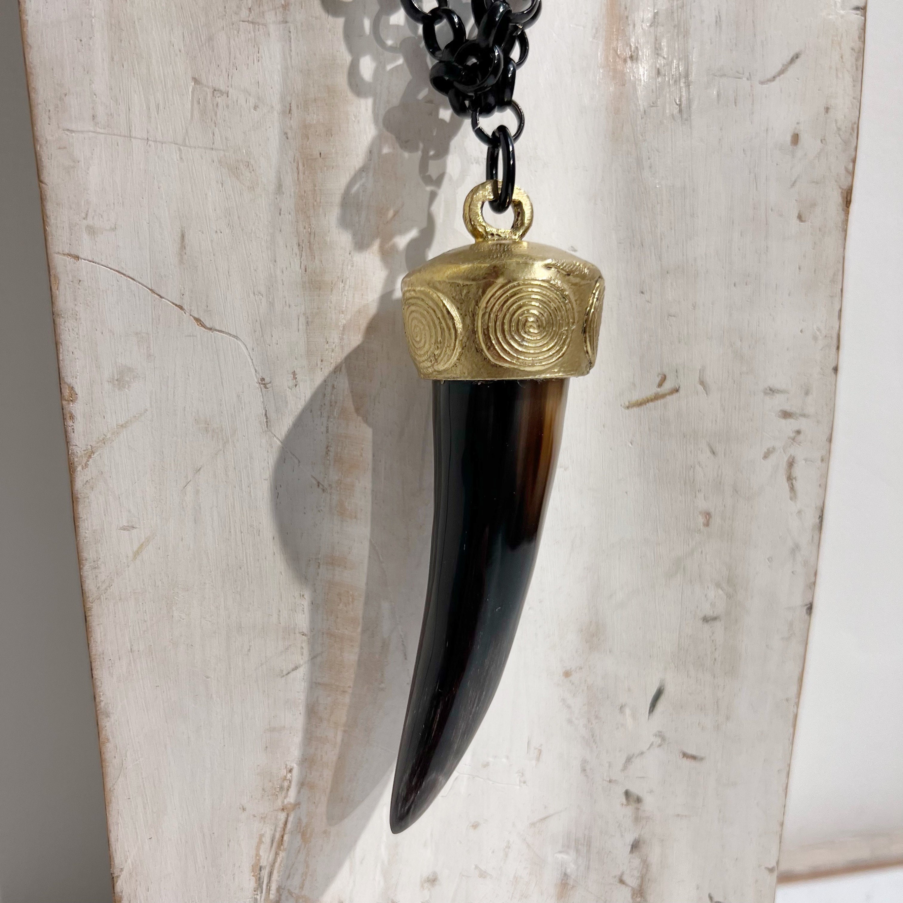 Vintage African Zebu Horn Pendant Necklace, Black Enamel