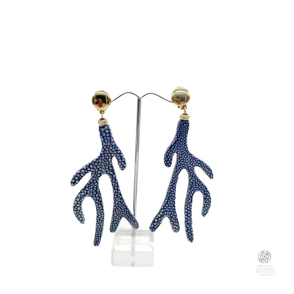 Blue Galuchat Coral Branch Earrings, Maxi Pendants with Hypoallergenic Galvanized Brass Clips, Coral Earrings in Blue Exotic Leather