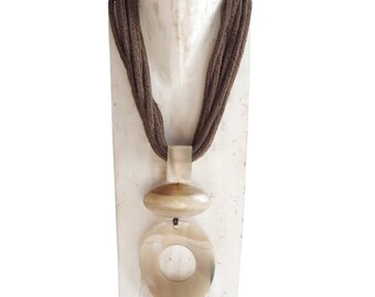 Cotton and silk corded Monies collar with colorful horn maxi pendant, lightweight 3D pattern