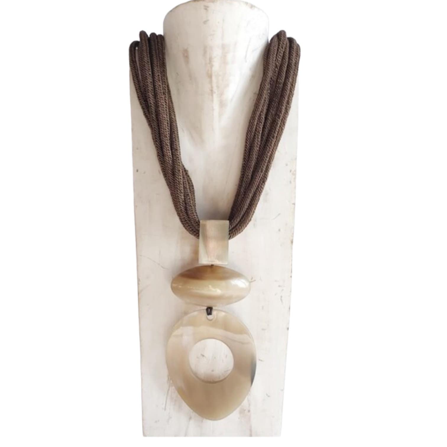 Cotton and silk corded Monies collar with colorful horn maxi pendant, lightweight 3D pattern