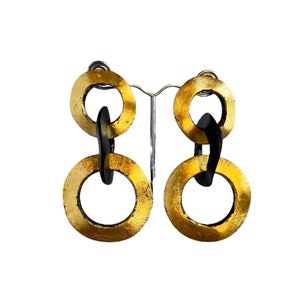 Monies style ebony and gold leaf hoop earrings, maxi pendant wood and gold earrings gran gala