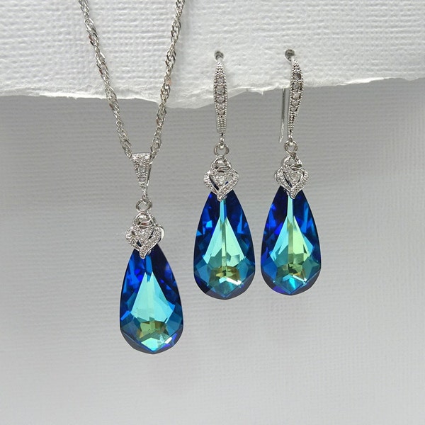 Swarovski Bermuda Blue Necklace and Earring Set, Blue Jewelry Set, Mother of the Bride Gift, Mother of the Groom Gift, Wedding Jewelry Set
