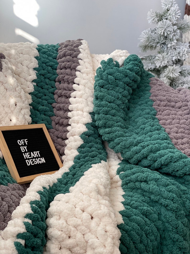 KNITTING PATTERN Green, White and Dark Grey Stripe Blanket Chunky