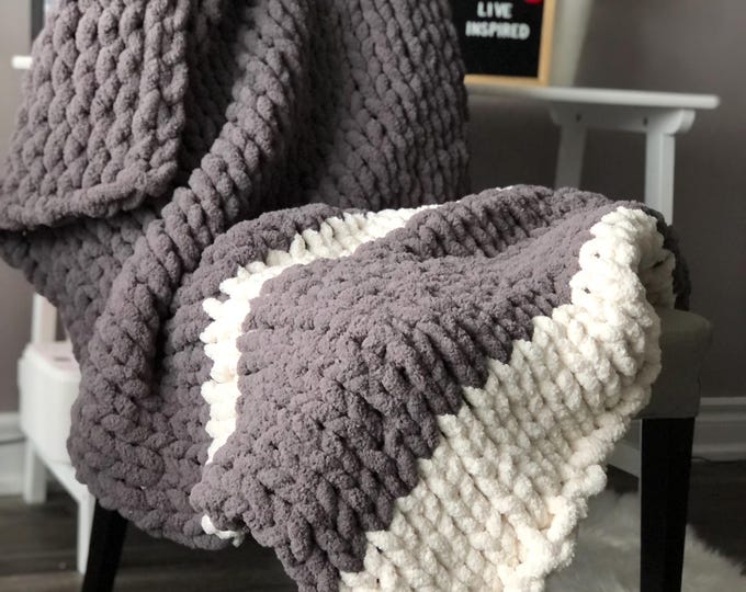 HANDKNIT PATTERN ~ Stormy Gray Stripe Blanket ~ Chunky Chenille ~ Off By Heart Design ~ DIY