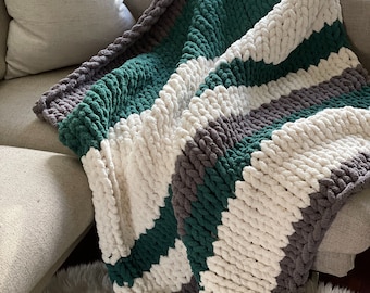 HANDKNIT PATTERN ~ Green, White and Dark Grey Stripe Blanket ~ Chunky Chenille ~ Off By Heart Design ~ DIY