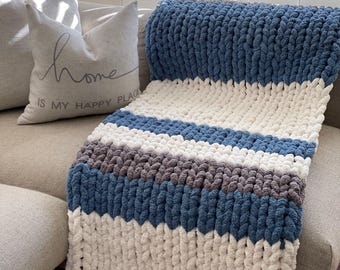 Chunky Chenille Blanket Finger Knitting Pattern: Blue, Grey, White Stripes (PDF Pattern)