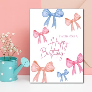Cartão de aniversário com laço para impressão | Download digital Cartão de feliz aniversário com laços em aquarela | Saudação com laço rosa e azul | Cartão de aniversário fofo em tons pastéis