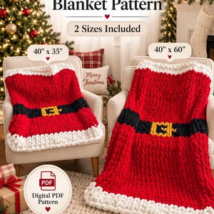 Puede incluir: Un patrón PDF digital para una manta de Santa con cuerpo rojo, cinturón negro con hebilla amarilla y borde blanco. Se incluyen dos tamaños: 101,6 cm por 88,9 cm y 101,6 cm por 152,4 cm. El texto dice Santa Blanket Pattern, 2 Sizes Included y Digital PDF Pattern.