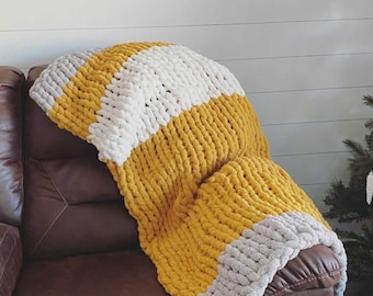 Healing Hand Knit, Fall Blanket, Rustic Decor, Chair Throw, Chunky Knit Blankets Mustard
