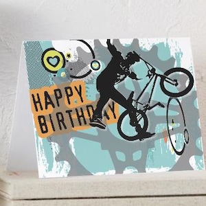 de voeux pour pignon BMX de joyeux anniversaire | Carte de voeux d'anniversaire imprimable sur le thème du BMX