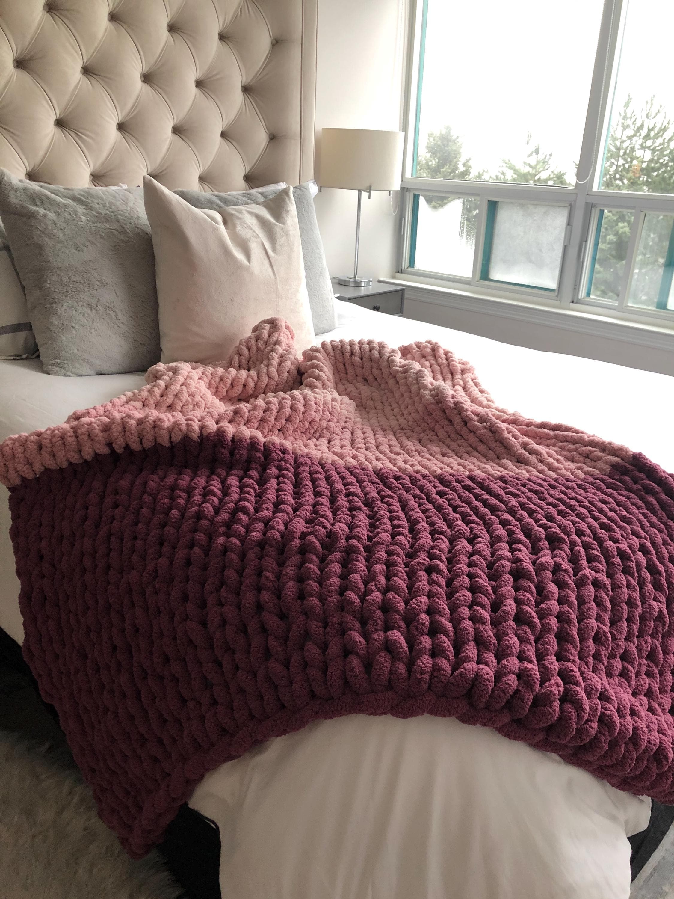 Chunky Raspberry Raspberry Ombre Chunky Chenille Blanket Knitting Pattern: DIY Finger ...