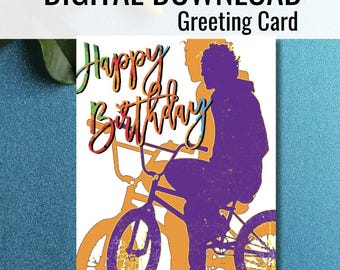 de voeux de cavalier de BMX de joyeux anniversaire | Carte de voeux d'anniversaire imprimable sur le thème du BMX