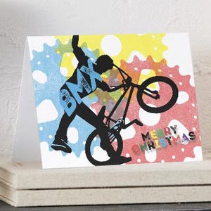 Joyeux Noël carte numérique BMX | Carte de voeux imprimable des fêtes sur le thème du BMX