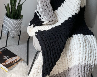 Chunky Chenille Blanket Pattern: Handknit Stripe Throw (PDF Pattern) Finger Knit