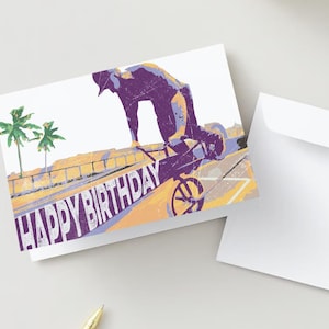 Carte de voeux de palmier BMX de joyeux anniversaire | Carte de voeux d'anniversaire imprimable sur le thème du BMX