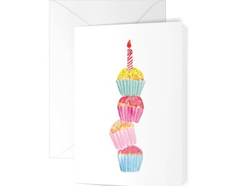 Cupcake Tower Greeting Card -  Birthday Card - blank card - watercolour - Birthday Cake - stationery