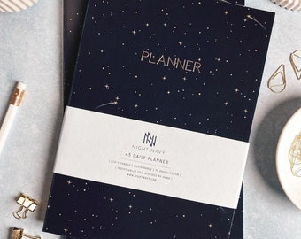 Personalised Planner A5 Daily Undated Organiser Notebook with Navy Stars Design, Soft Cover Notepad, Gift for Her