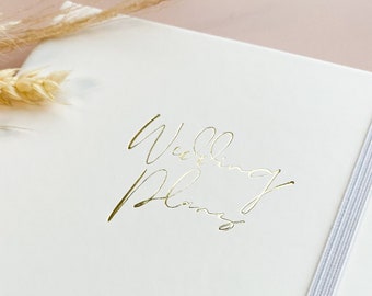 Trouwplannen notitieboekje, gepersonaliseerd verlovingscadeau, wit A5 gevoerd bruidsdagboek met initialen