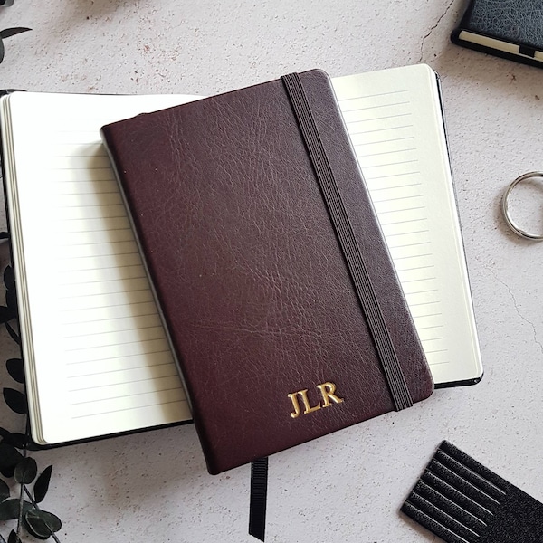 Personalised A6 Notebook, Black/Brown, Small Journal Lined/Plain Paper. Vegan Leather, Monogram/Initials, Valentine's Day Gift