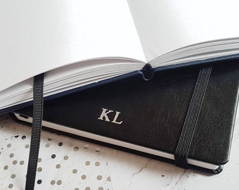 A5 Personalised Notebook, Black Vegan Leather Journal with Initials, Lined/Plain Paper, New Job Gift