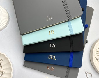 Personalised A5 Lined Notebook, Monogram Initials Journal, New Job Gift. Black, Blue or Grey