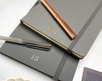 Notebook and Pen Set, A5 Lined Personalised Journal with Initials, Leaving Gift, New Job or Teacher Present. School/Uni, Matching Metal Pen
