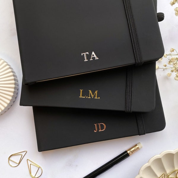 Personalised Notebook A5 or A6, Lined Black Journal with Initials, New Job Gift