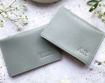 Personalised Card Holder with Initials, Grey Vegan Wallet Case for Bank/Credit Cards. Birthday Gift for Her