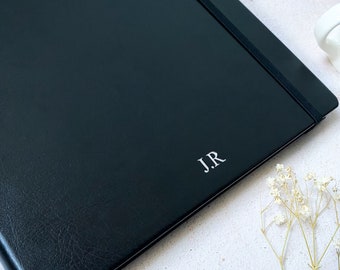 Personalised A4 Notebook, Black Lined Journal with Initials in Vegan Leather, New Job Gift