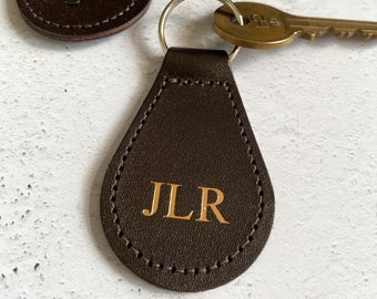 Initials Keyring Personalised Brown Leather Key Fob, Birthday Keychain for him, First Car or New Home Gift