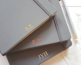 Personalised A5 Notebook, Grey Lined Luxury Journal with Initials. Custom Monogram Stationery Gift, New Job or Promotion