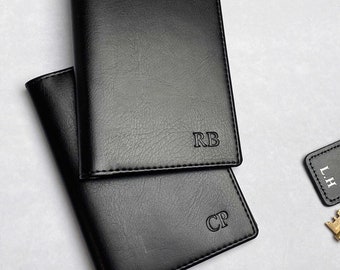 Passport Cover Personalised with Initials, Black Vegan Leather. Travel Gift, Birthday or Anniversary Present