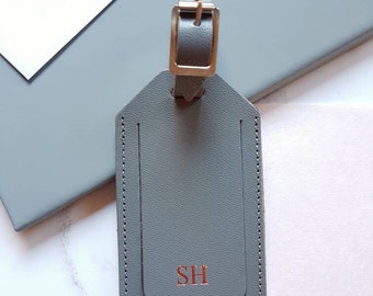 Luggage Tag Personalised with Initials, Grey Recycled Leather Bag Tags, Custom Monogram Gift for Travel