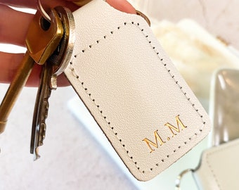 Personalised White Keyring, Leather Keychain with Initials, Bridesmaid/Maid of Honour Gift or Birthday Present, Key Fob